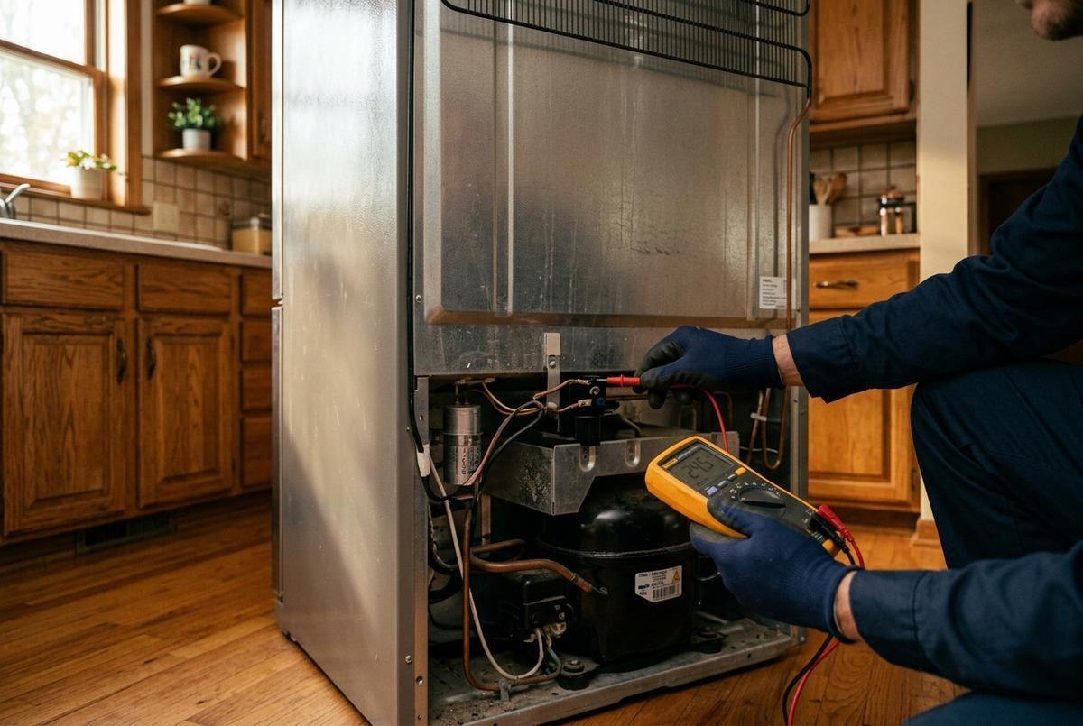 Refrigerator Repair technician at work